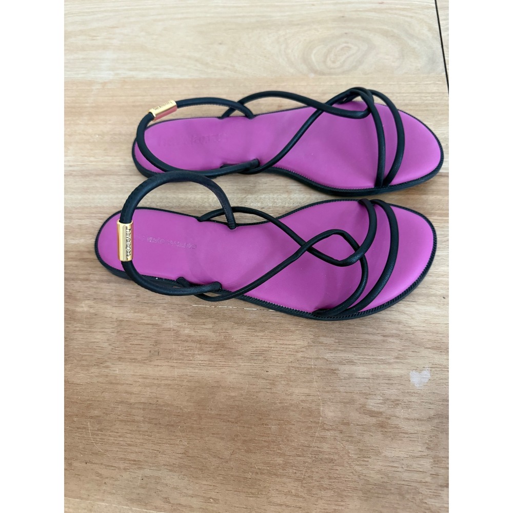 Havaianas Una Manga Strappy Flat Sandals Pink Black Gold Logo Womens Size 10